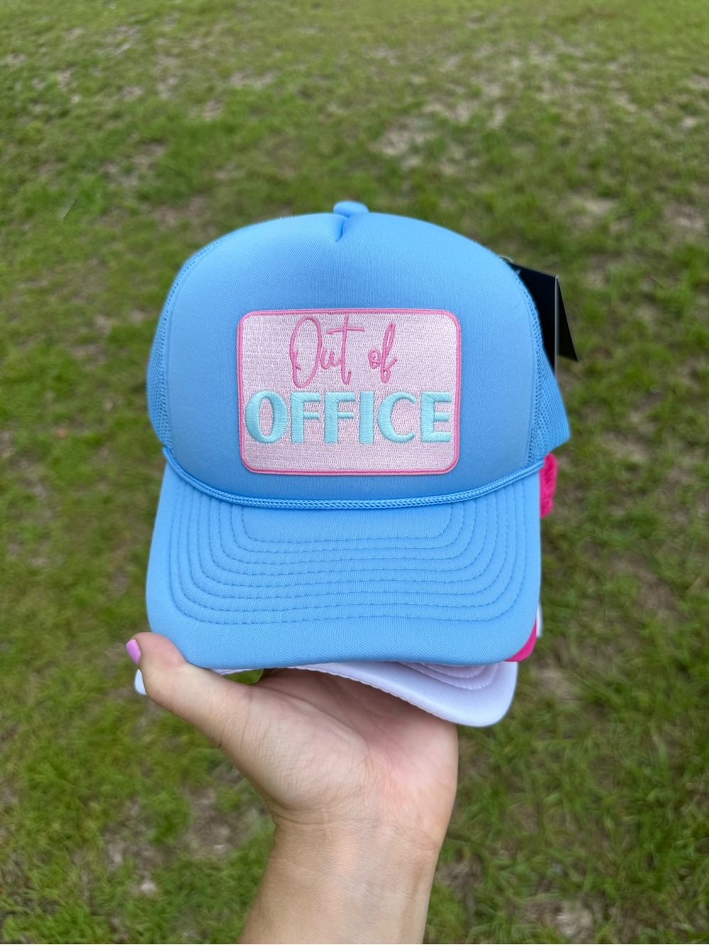 Light Blue 'Out of Office' Trucker Hat with Pink Patch